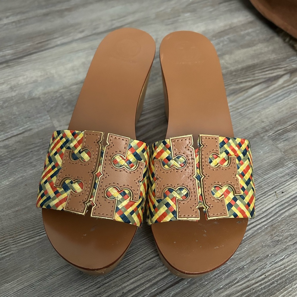 Tory Burch Ines Multicolor Raffia Leather Platform Shoes